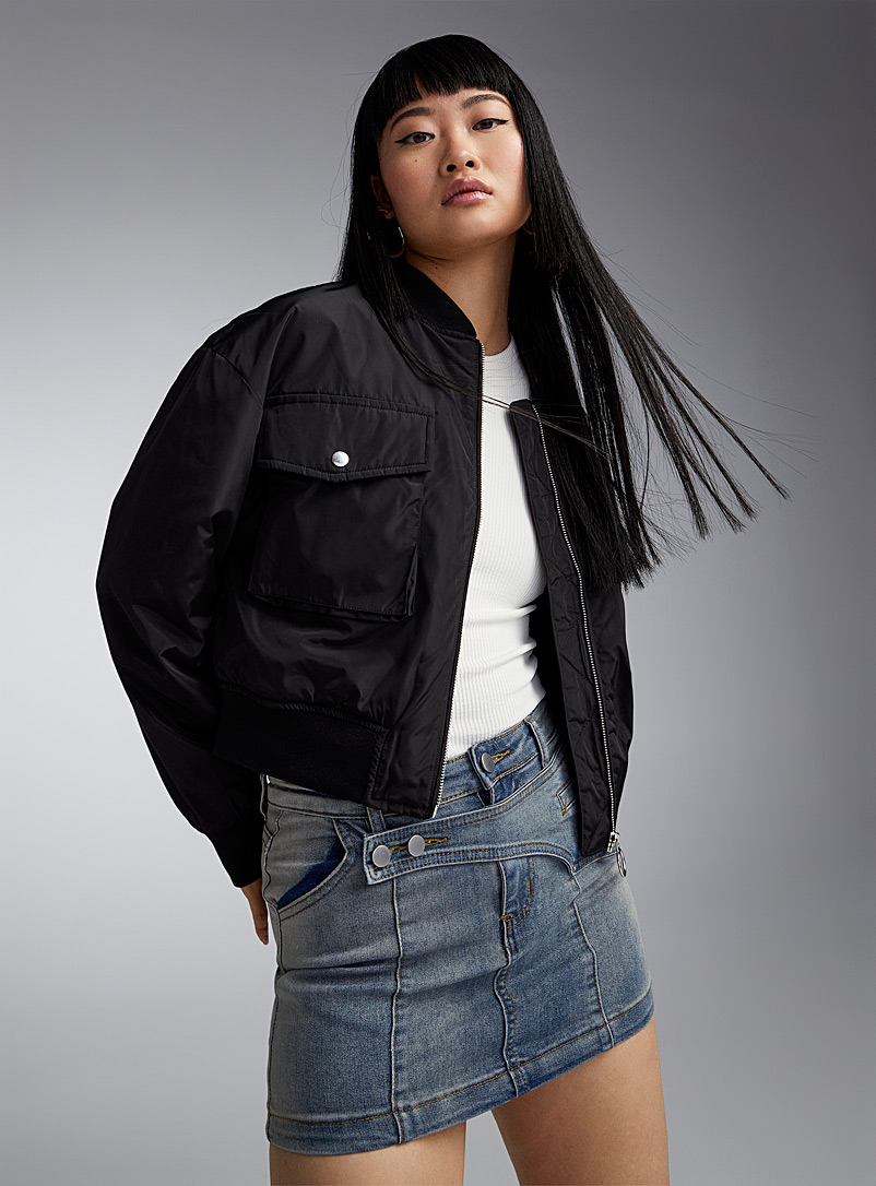 Twik Black Flap pockets glossy jacket for women