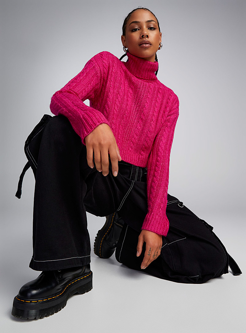 Twik Pink Cabled cropped turtleneck sweater for women