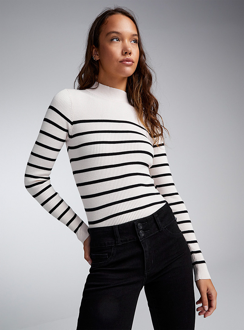Twik Ivory White Striped mock-neck sweater for women