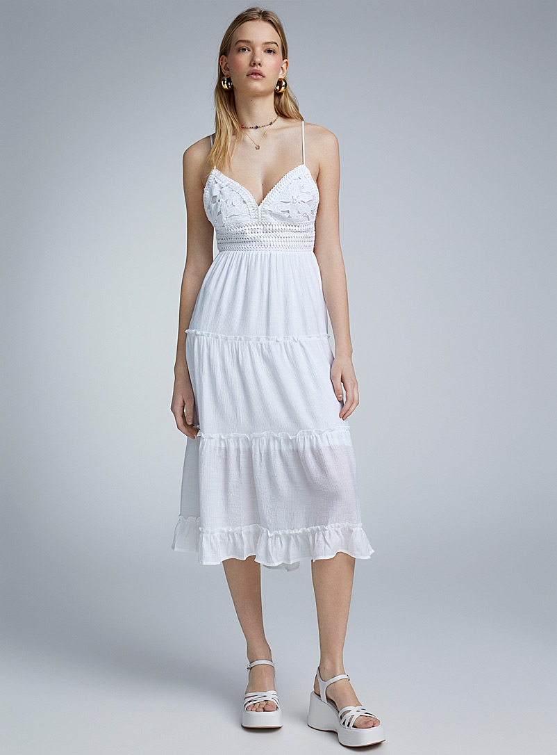 Twik White Tie back and crochet peasant dress for women