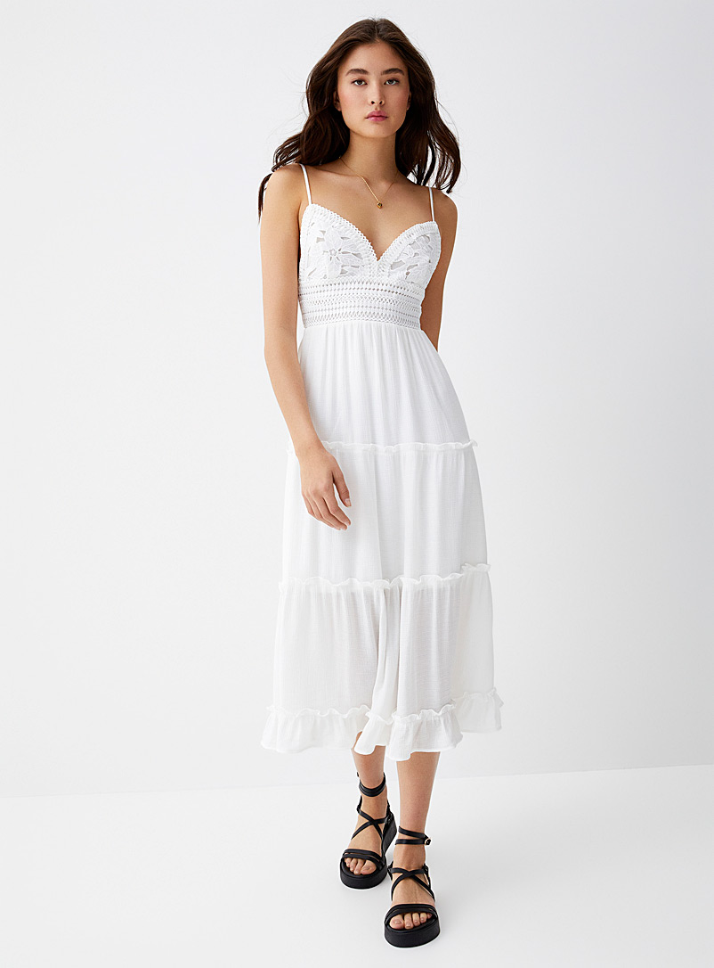 Twik Off White Tie back and crochet peasant dress for women