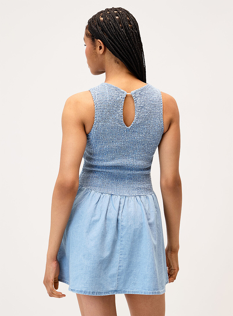 Twik Baby Blue Smocked bust denim minidress for women