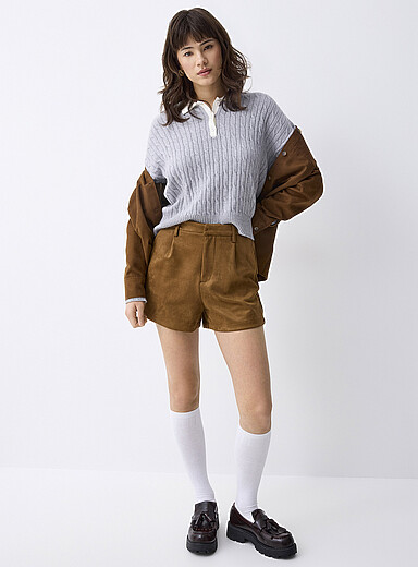 Twik Fawn/Tobacco Brown faux suede short for women