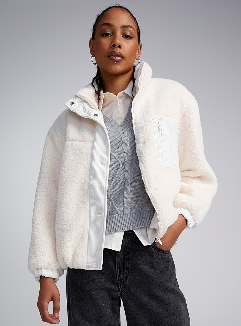 Twik Ivory White Corduroy accents sherpa fleece jacket for women