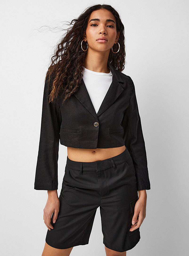 Twik Black Cropped linen blazer for women