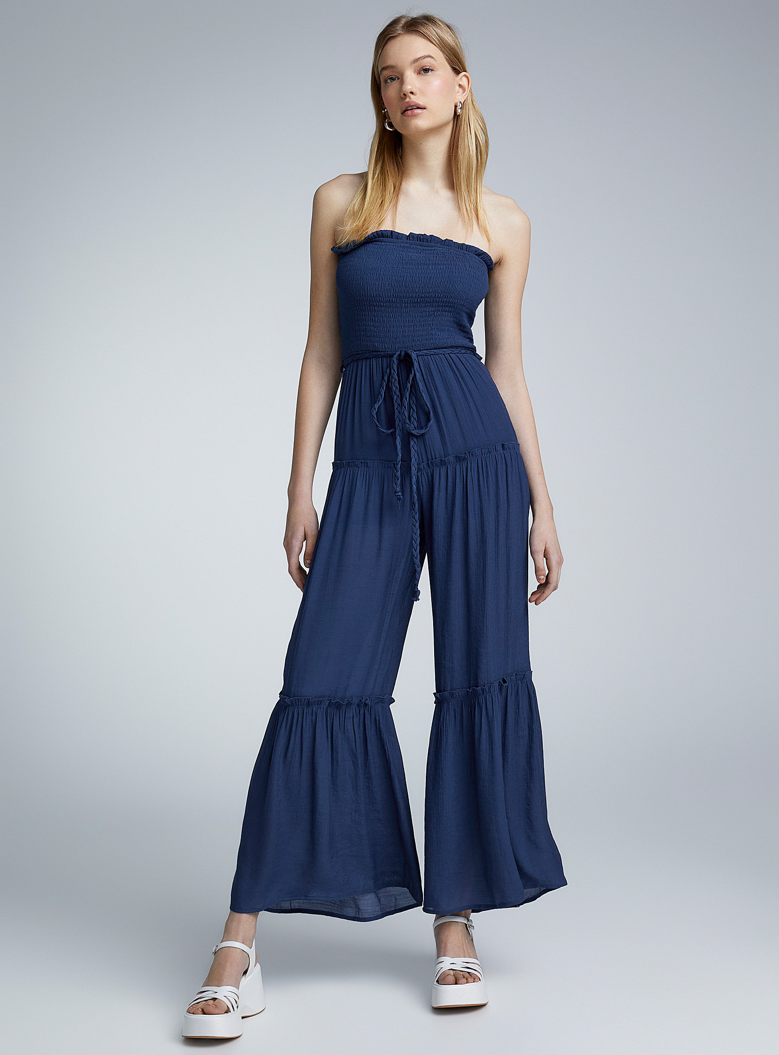 Twik Peasant Off-the-shoulder Jumpsuit In Navy/midnight Blue