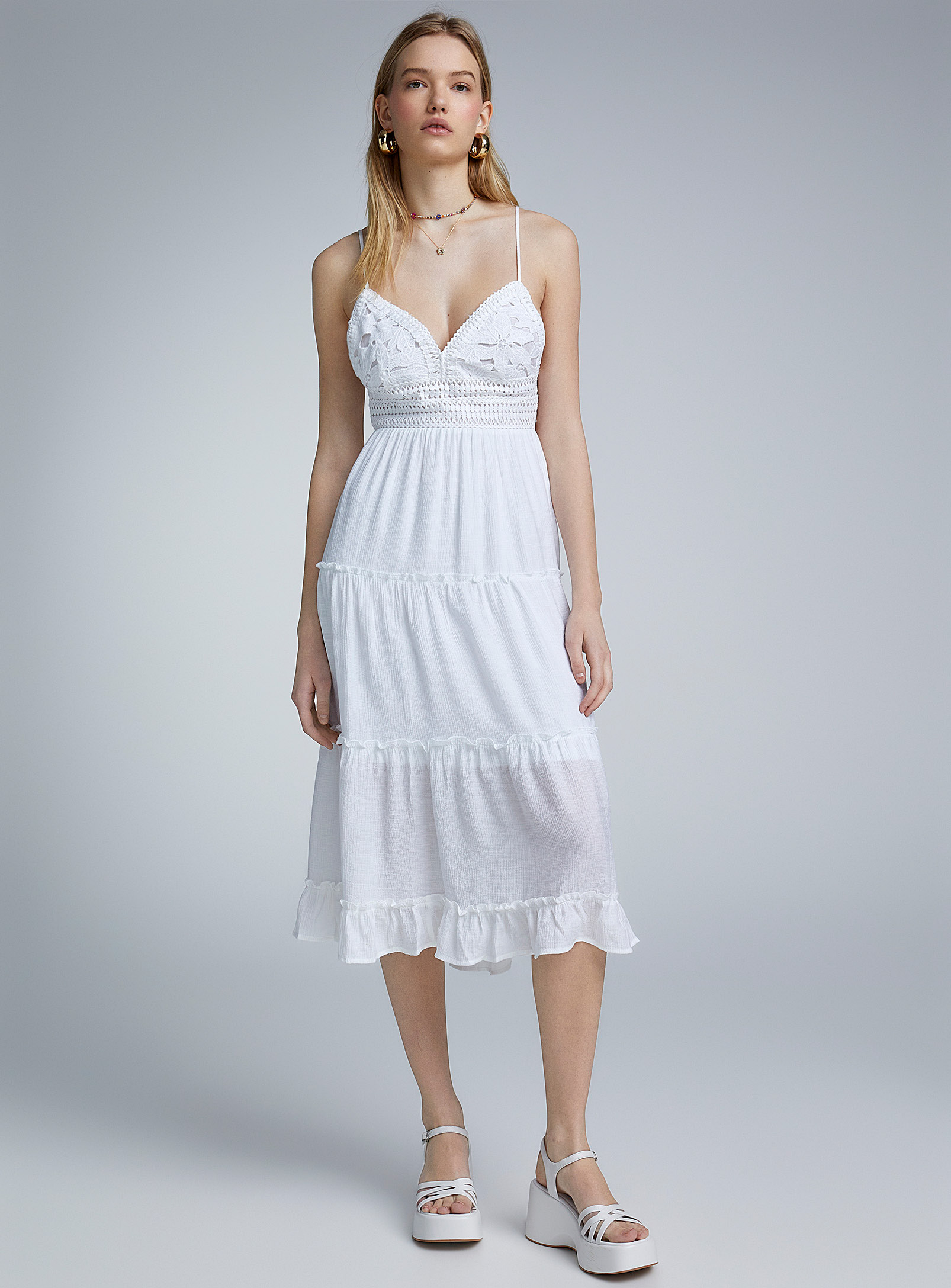 Twik Tie Back And Crochet Peasant Dress In White