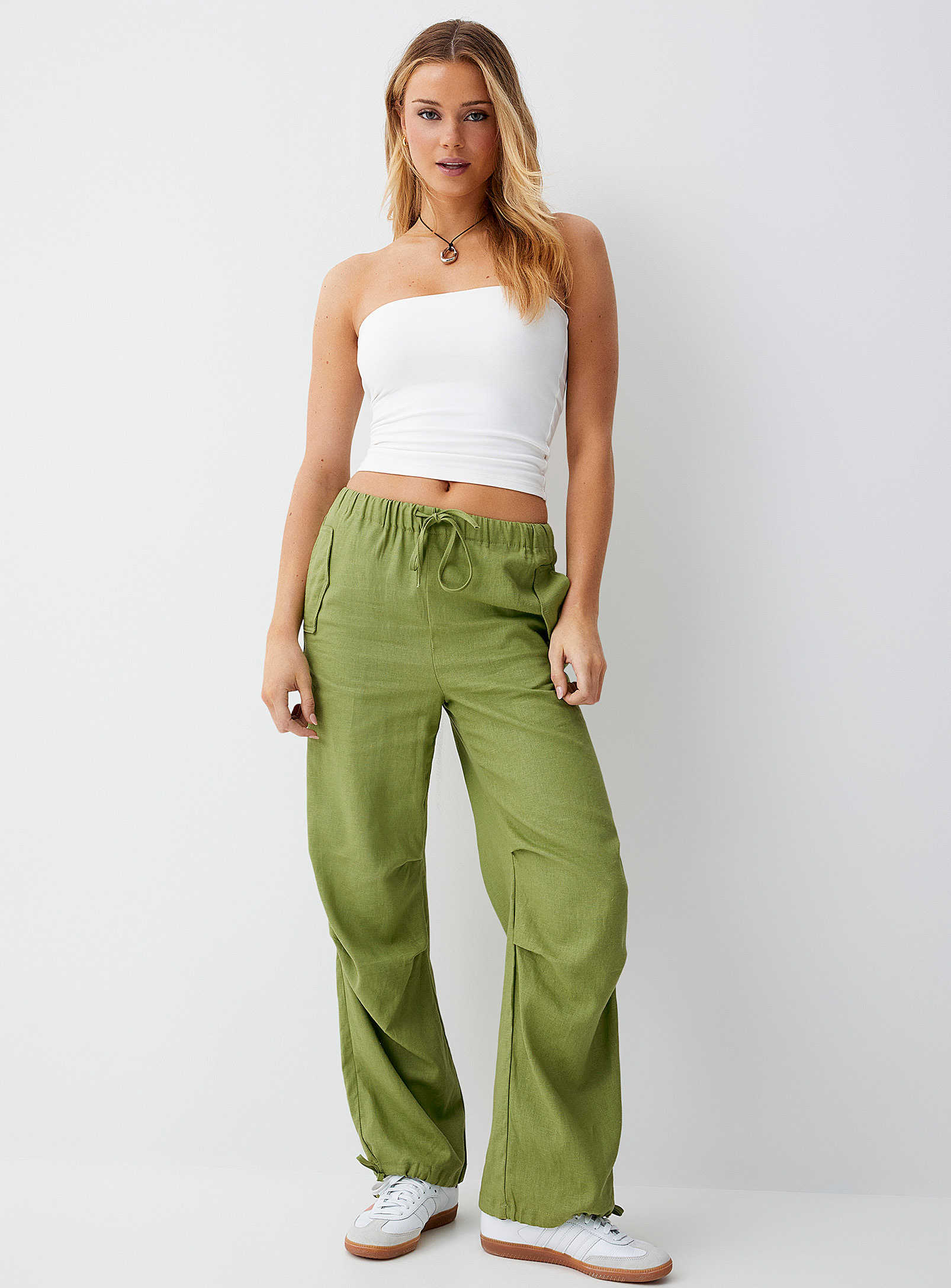 Twik Touch Of Linen Loose Jogger In Khaki/sage/olive