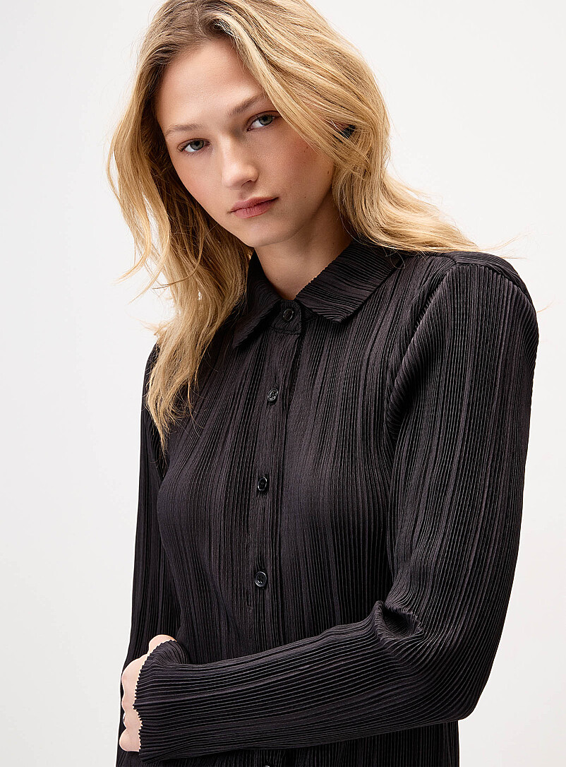 Twik Black Pleated satiny shirtdress for women