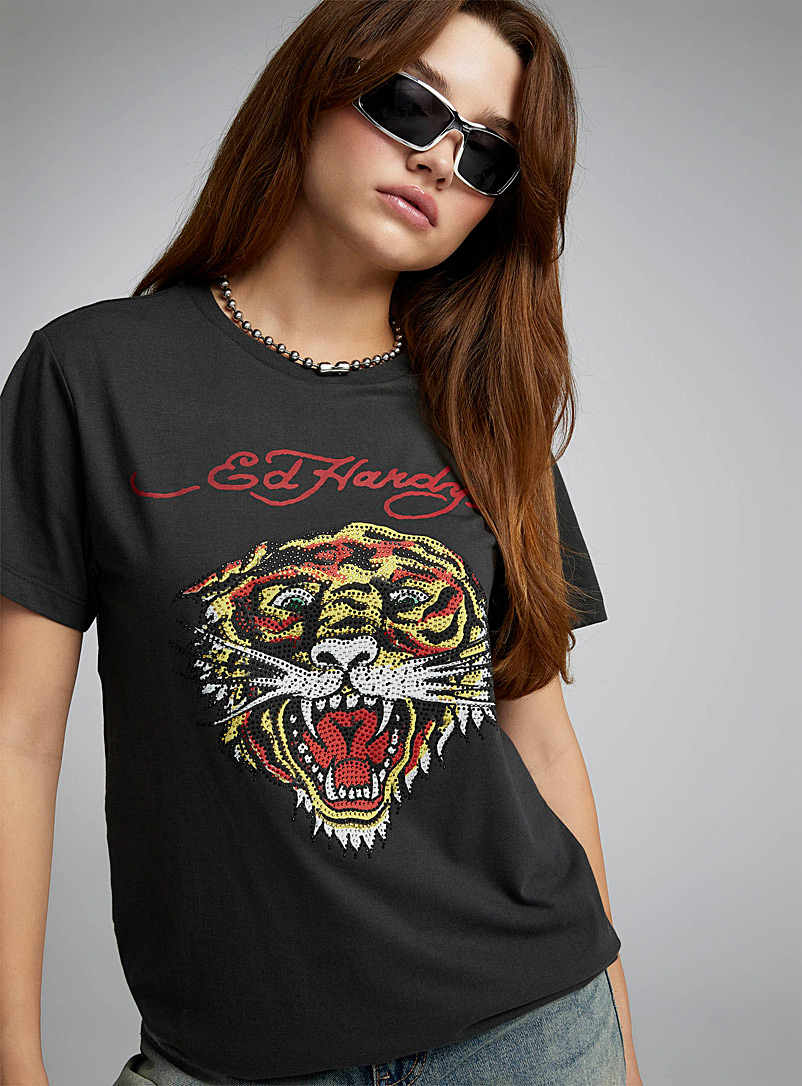 Ed Hardy: Le t-shirt tigre rétro Charbon pour femme