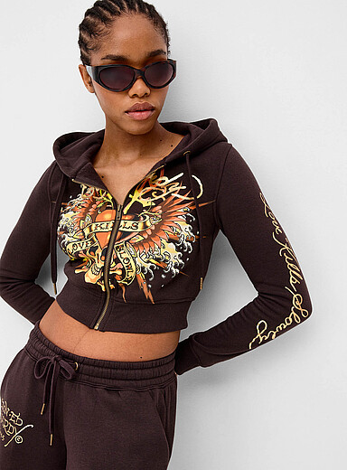 Ed Hardy: Le sweat &agrave; capuche zipp&eacute; imprim&eacute; cr&acirc;ne Chocolat - Espresso pour femme