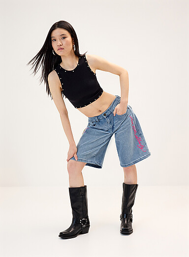 Rhinestone illustrations adjustable waist jort