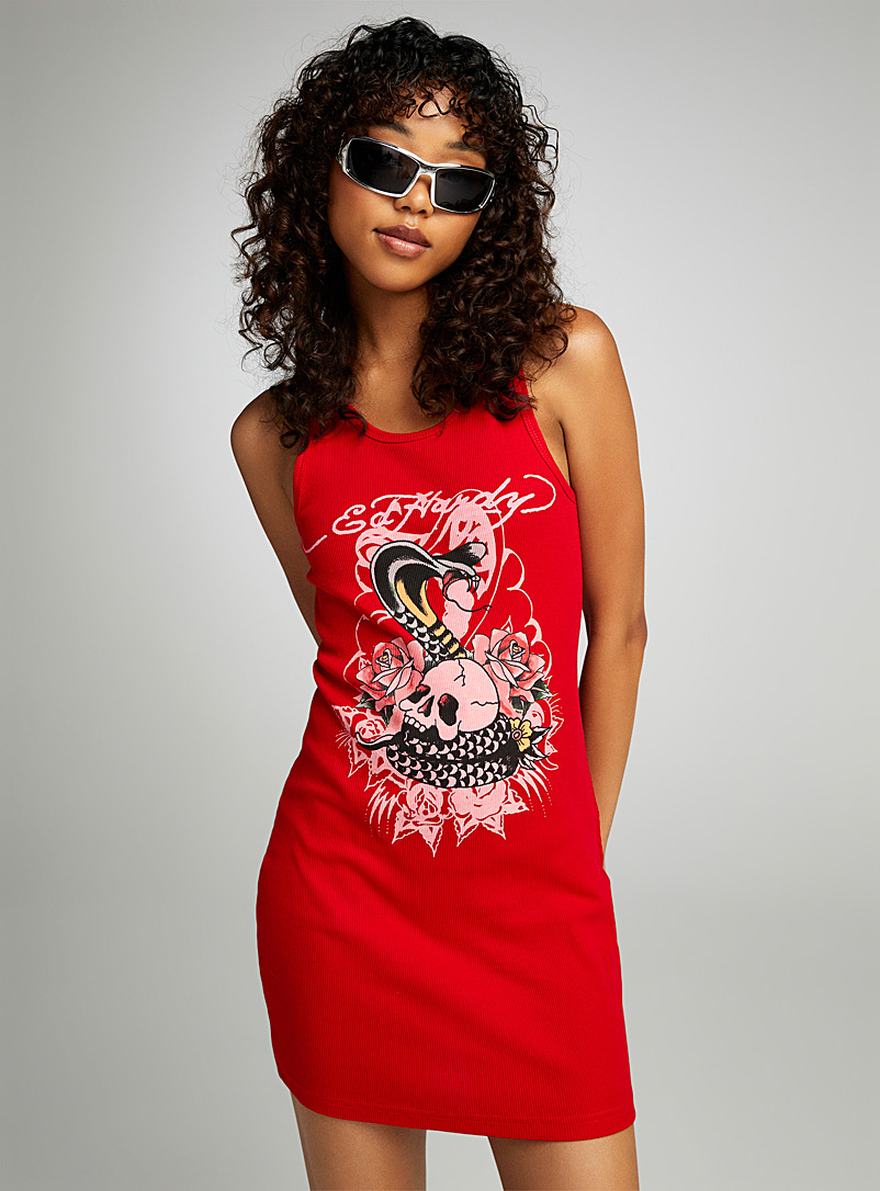 Ed Hardy Red Snake and skull ribbed dress for women