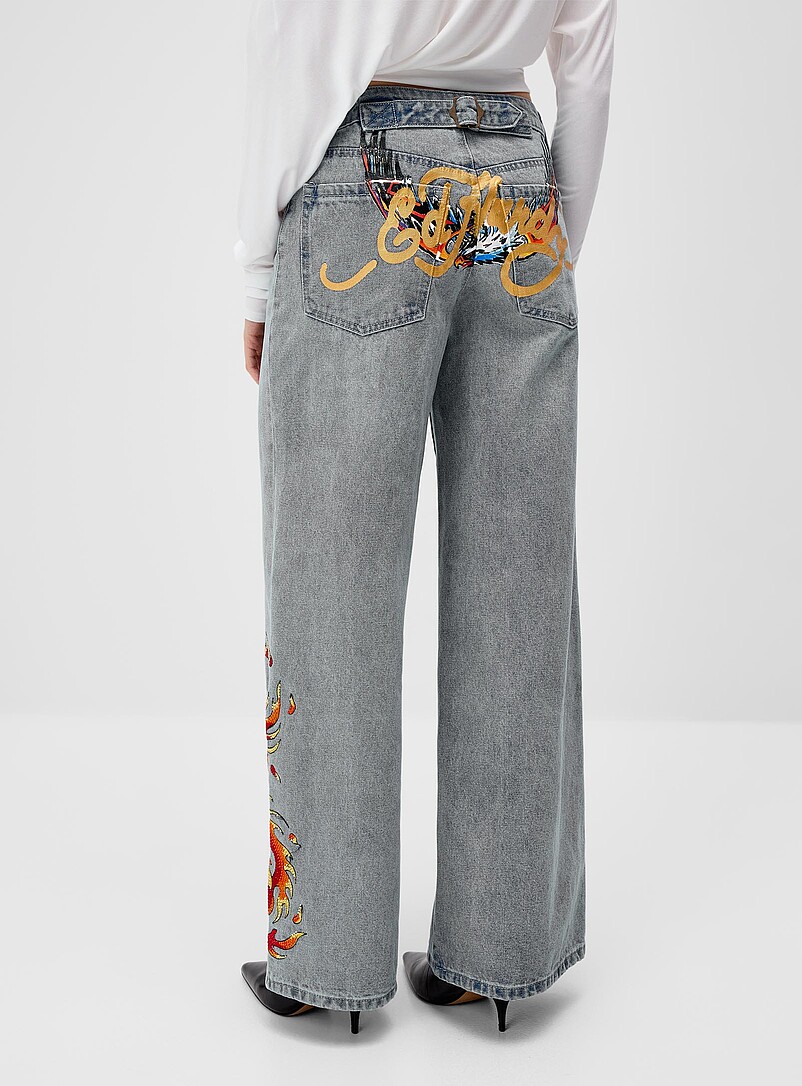 HIGHEST RISE BAGGY JEANS 波模様デザイン Rhinestone phoenix baggy jean Fit: Wide-leg, low-rise | Ed Hardy