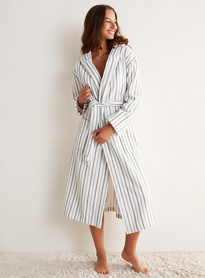 Miiyu Cream Beige Sage stripes terry hooded bathrobe for women