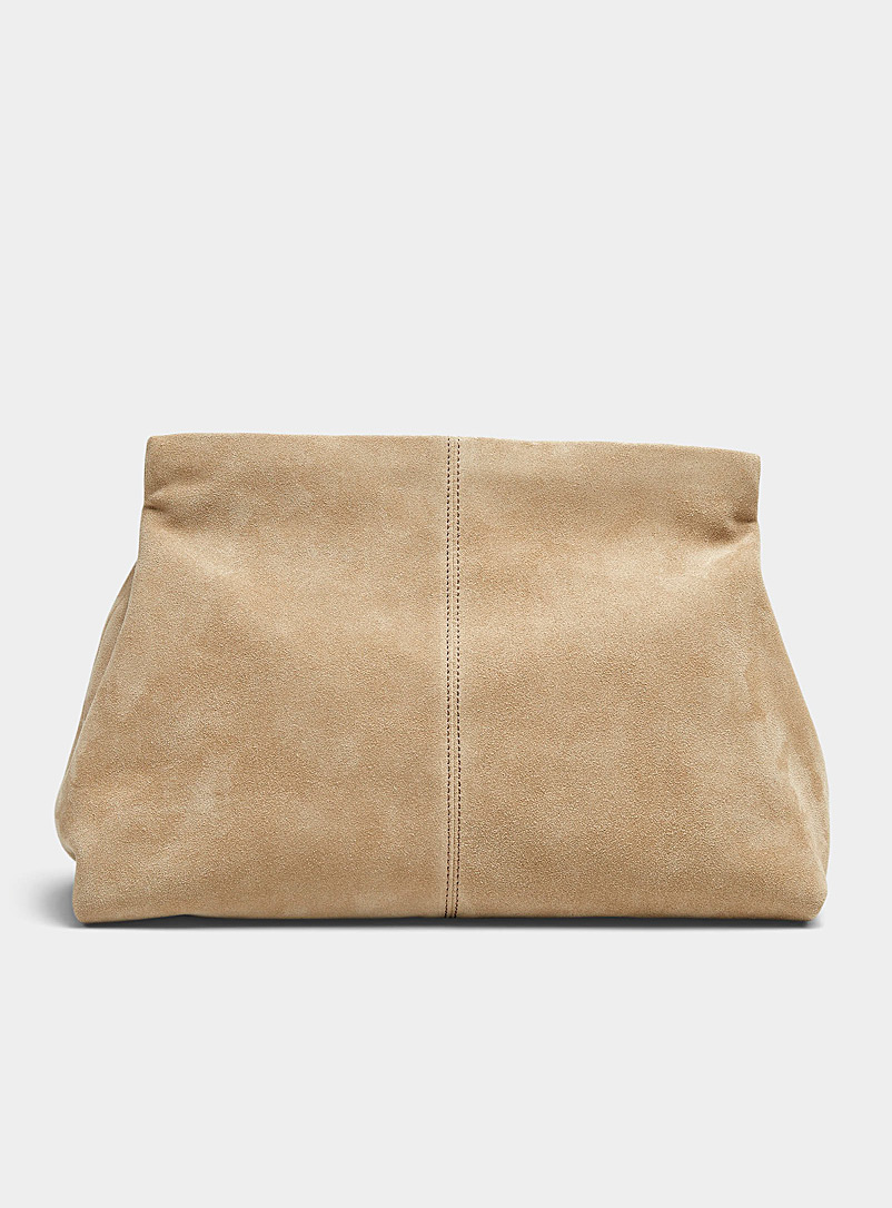 Flattered Sand Clay taupe suede XL clutch for women
