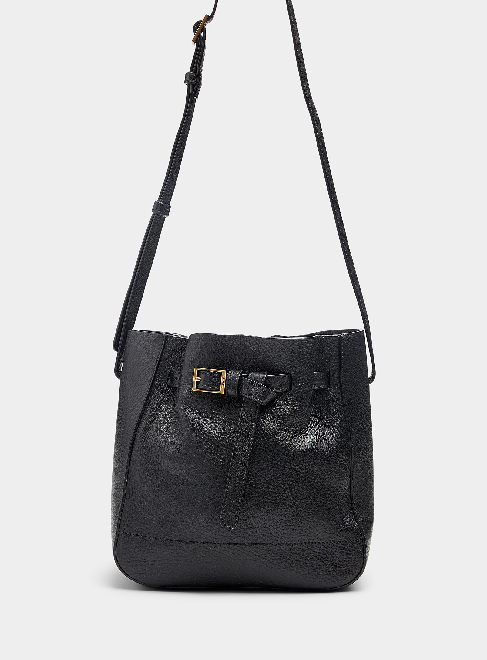 Flattered Bo Small Belted Leather Bucket Bag In Black