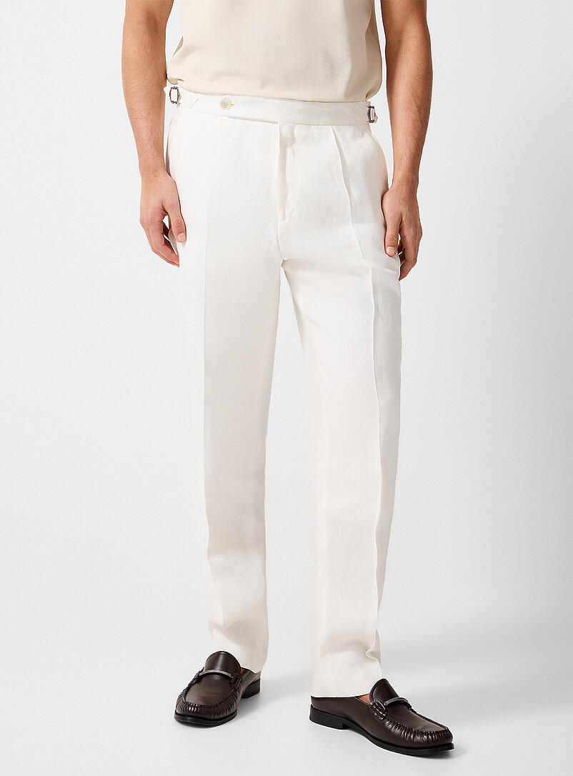 BOSS White Pleated tapered pure linen pant for men