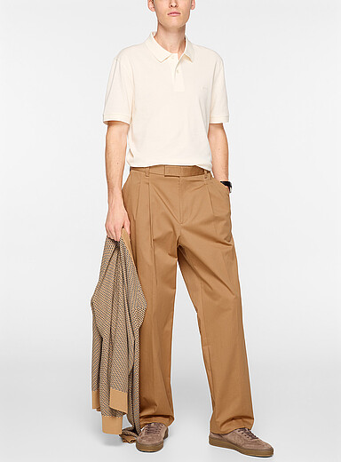 BOSS Ivory/Cream Beige Wide-leg pleated chinos for men