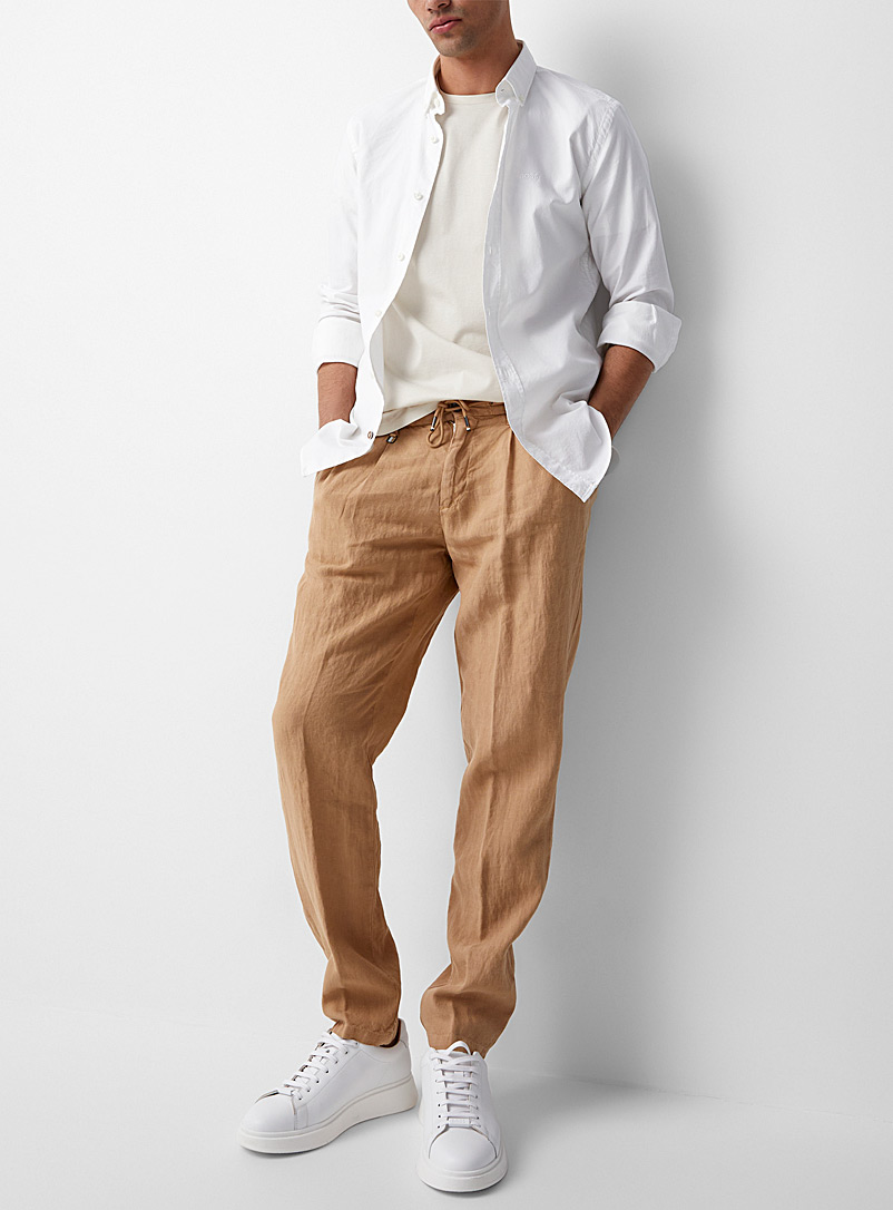 BOSS Cream Beige Tie-cord waist linen pant for men