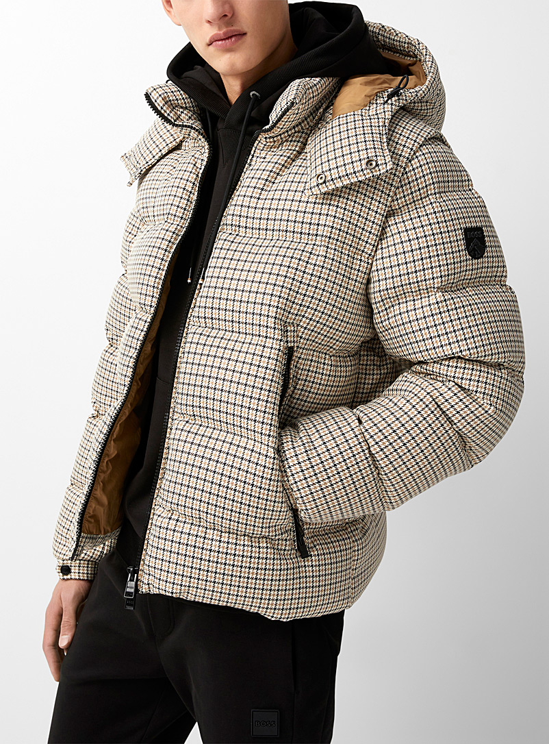 BOSS Cream Beige Removable sleeves houndstooth puffer jacket for men