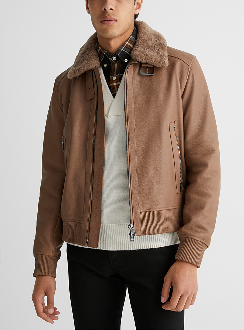 BOSS Cream Beige Sherpa-collar bomber jacket for men