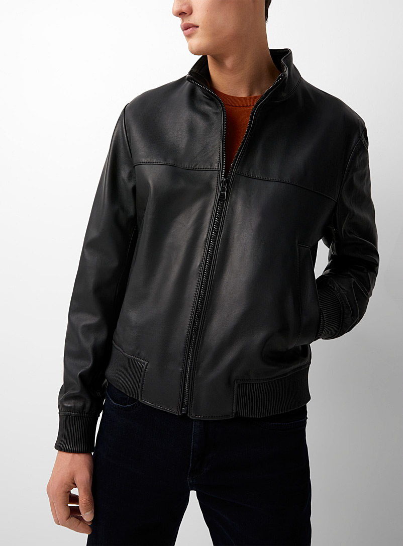 BOSS Black Ribbed edging leather jacket for men