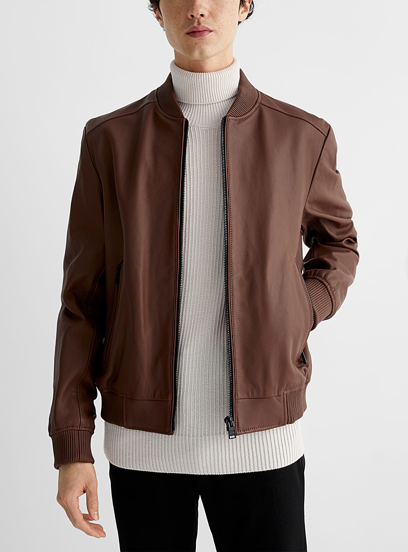 BOSS Dark Brown Genuine leather cognac-coloured bomber jacket for men