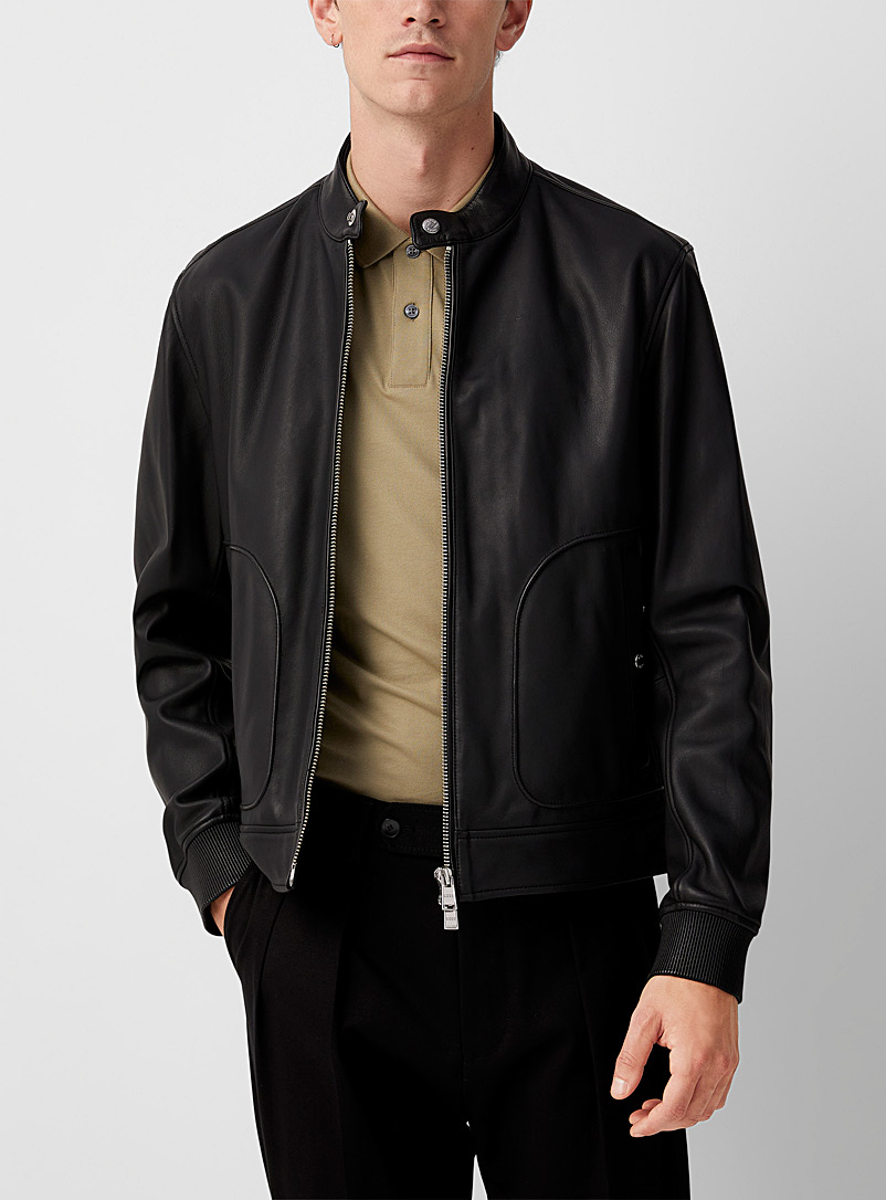 BOSS Black Ribbed cuffs leather jacket for men