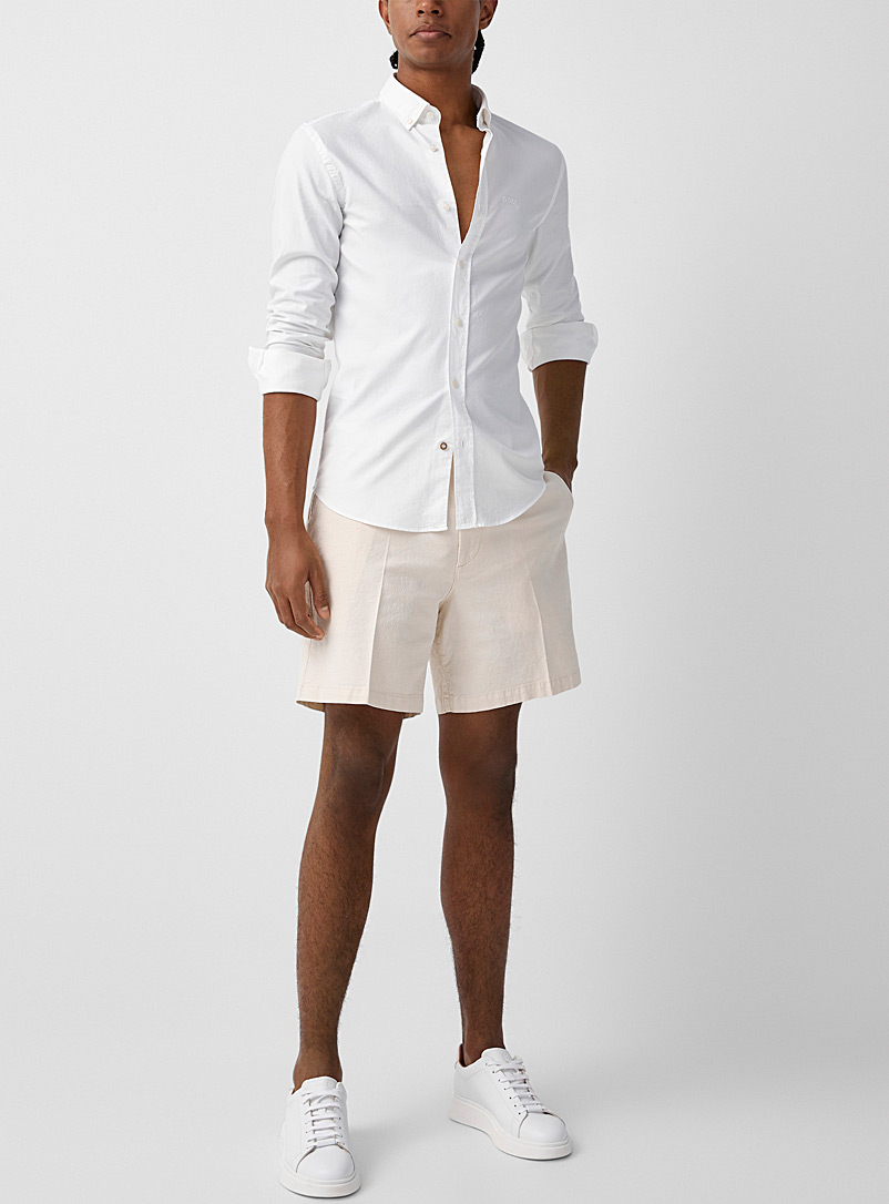 BOSS Ivory White Cotton and linen stretch Bermuda shorts for men