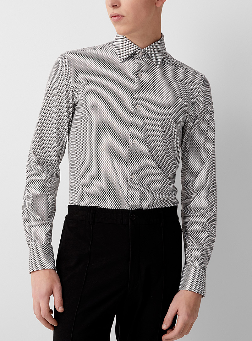 BOSS Cream Beige Performance fabric optical checkered shirt for men