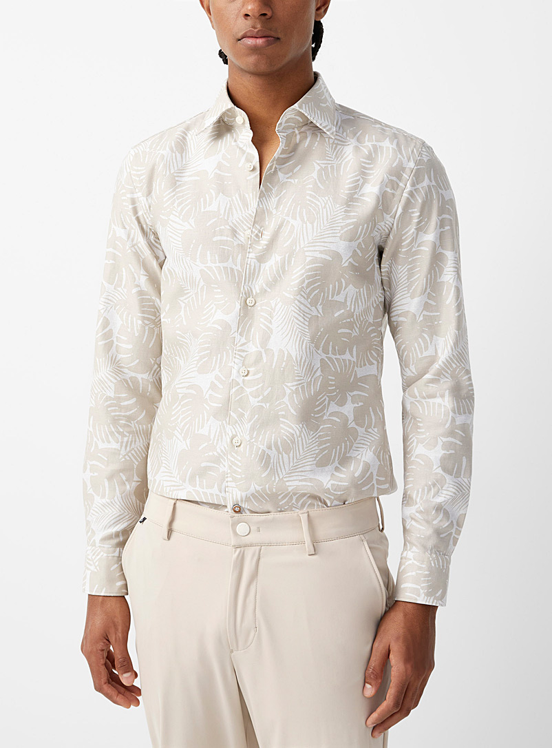 BOSS Cream Beige Plant pattern cotton and linen shirt for men