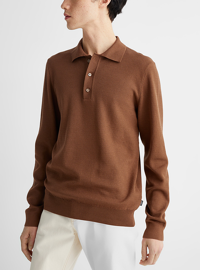 BOSS Dark Brown Cocoa-brown polo sweater for men