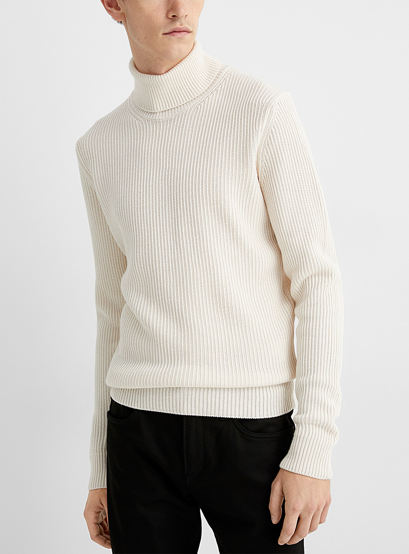 BOSS White Ivory ribbed turtleneck sweater for men