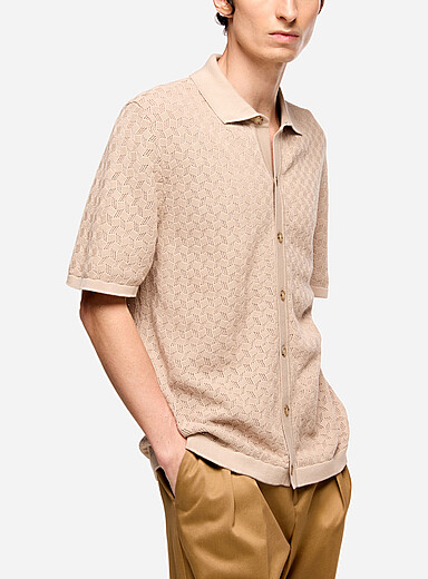 BOSS Ivory/Cream Beige Geo openwork knit polo collar cardigan for men