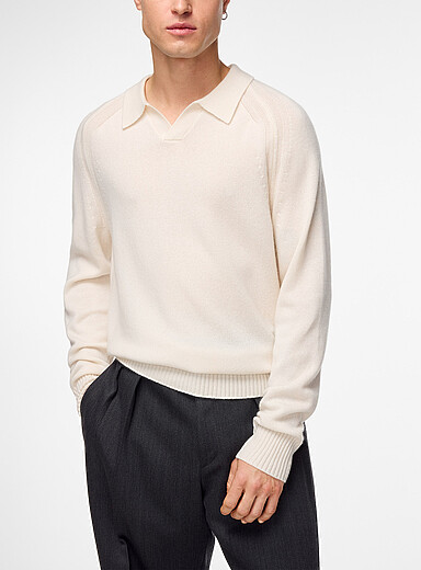 BOSS Off White Johnny-collar pure cashmere polo shirt for men