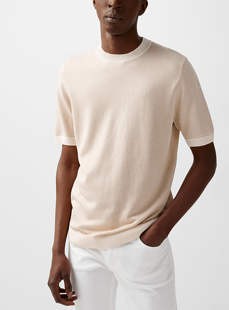 BOSS Ivory White Silky accent-piped short sleeve sweater for men