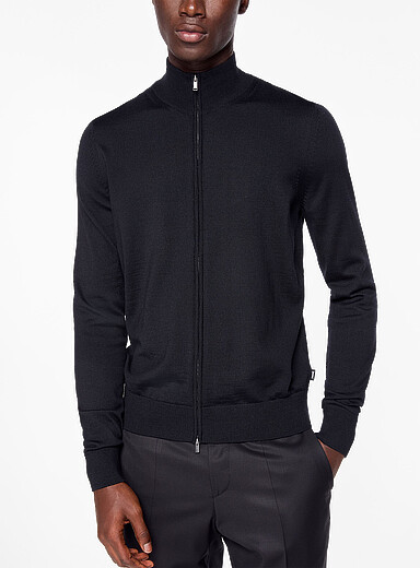 BOSS: Le chandail zipp&eacute; pur m&eacute;rinos Noir pour homme