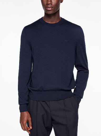 BOSS Navy/Midnight Blue Embroidered logo pure virgin wool sweater for men