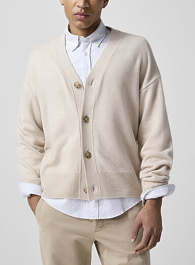 BOSS Off White Cream-coloured 100% virgin wool cardigan for men