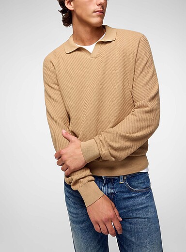 BOSS Camel Textured knit Johnny collar polo shirt for men