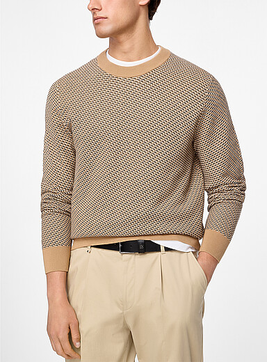 BOSS: Le chandail jacquard textur&eacute; bords contraste Ivoire - Beige cr&egrave;me pour homme