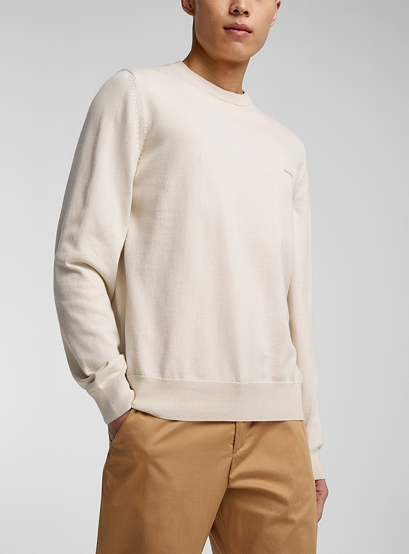 BOSS Ivory White Embroidered signature cotton sweater for men