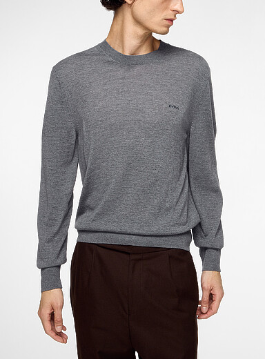 BOSS Charcoal Embroidered logo pure virgin wool sweater for men