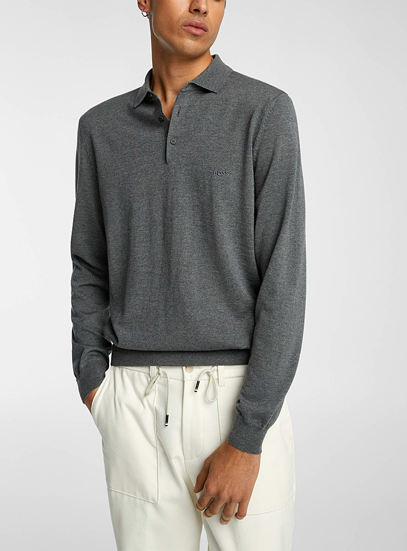 BOSS Grey Virgin wool knit polo shirt for men