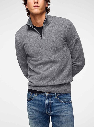 BOSS Grey Cashmere and virgin wool zippered collar sweater for men