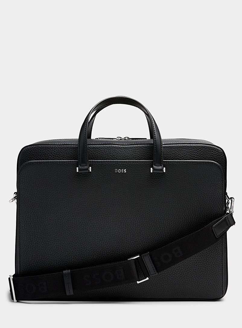BOSS Black Textured leather briefcase for men