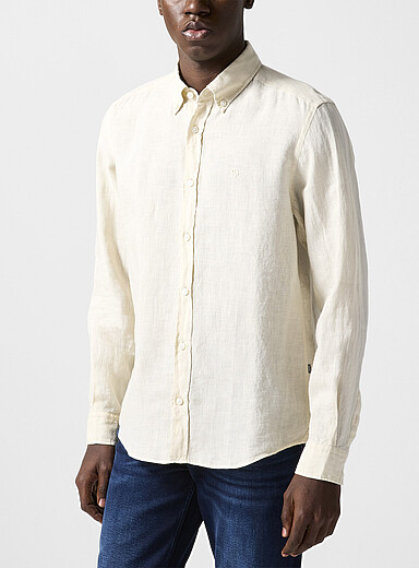 BOSS Off White Embroidered monogram pure linen shirt for men