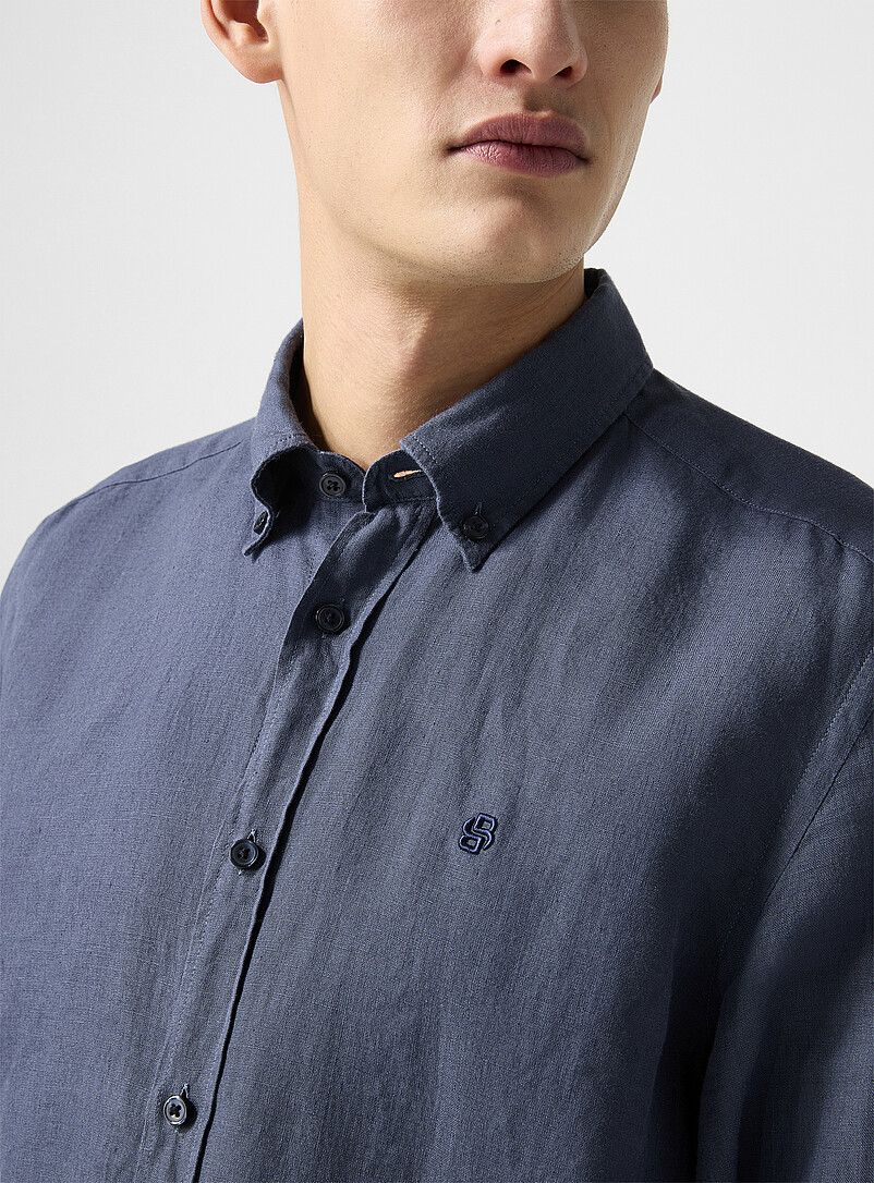 BOSS Slate Blue Embroidered monogram pure linen shirt for men