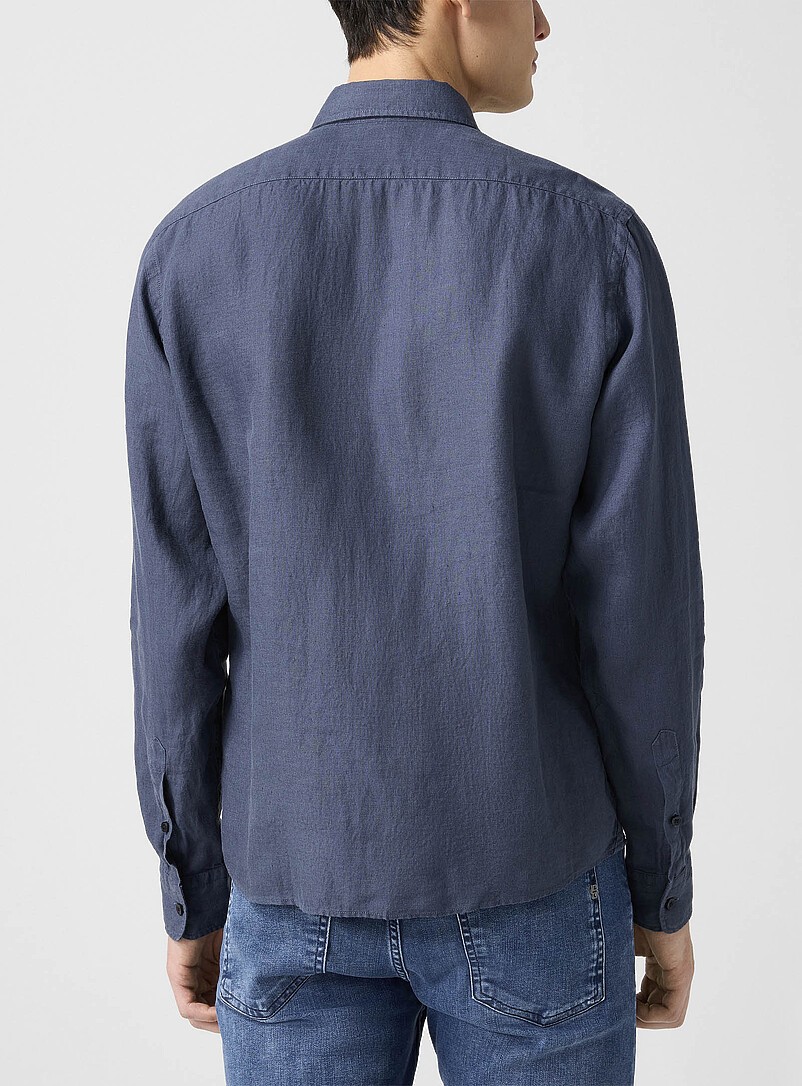 BOSS Slate Blue Embroidered monogram pure linen shirt for men